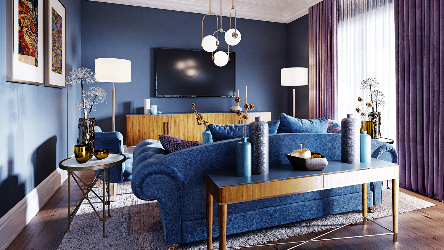luxurious living room with rich blue tones